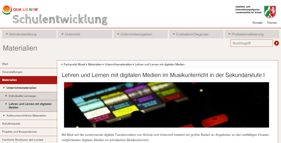 Cover: Schulentwicklung NRW - Fachportal Musik: Lehren und Lernen mit digitalen Medien im Musikunterricht