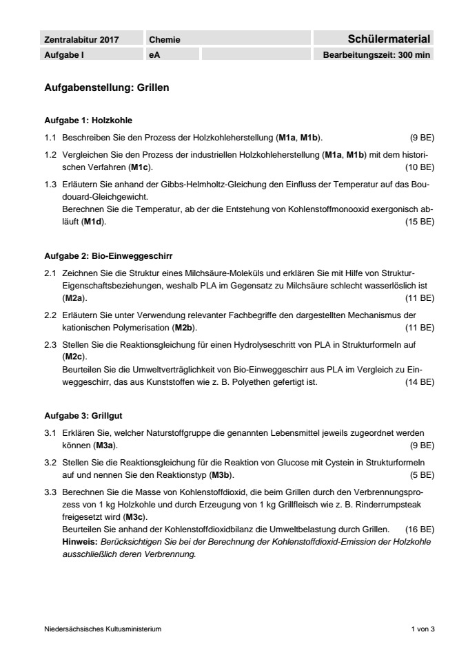 Cover: Schriftliche Abituraufgaben Niedersachsen 2017 Chemie Kurs auf erhöhtem Anforderungsniveau (eA) Aufgabe 1