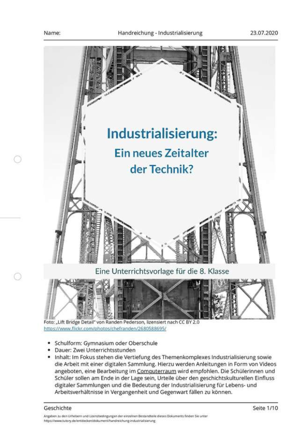 Cover: Industrialisierung - Unterrichtsentwurf mit Reihenplanung | tutory.de
