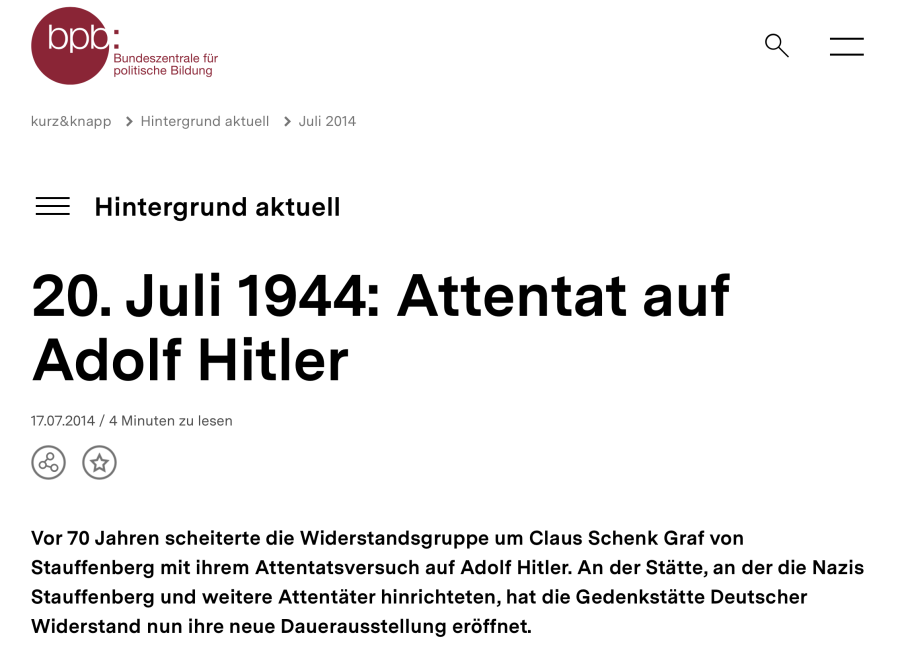 Cover: 20. Juli 1944: Attentat auf Adolf Hitler | bpb