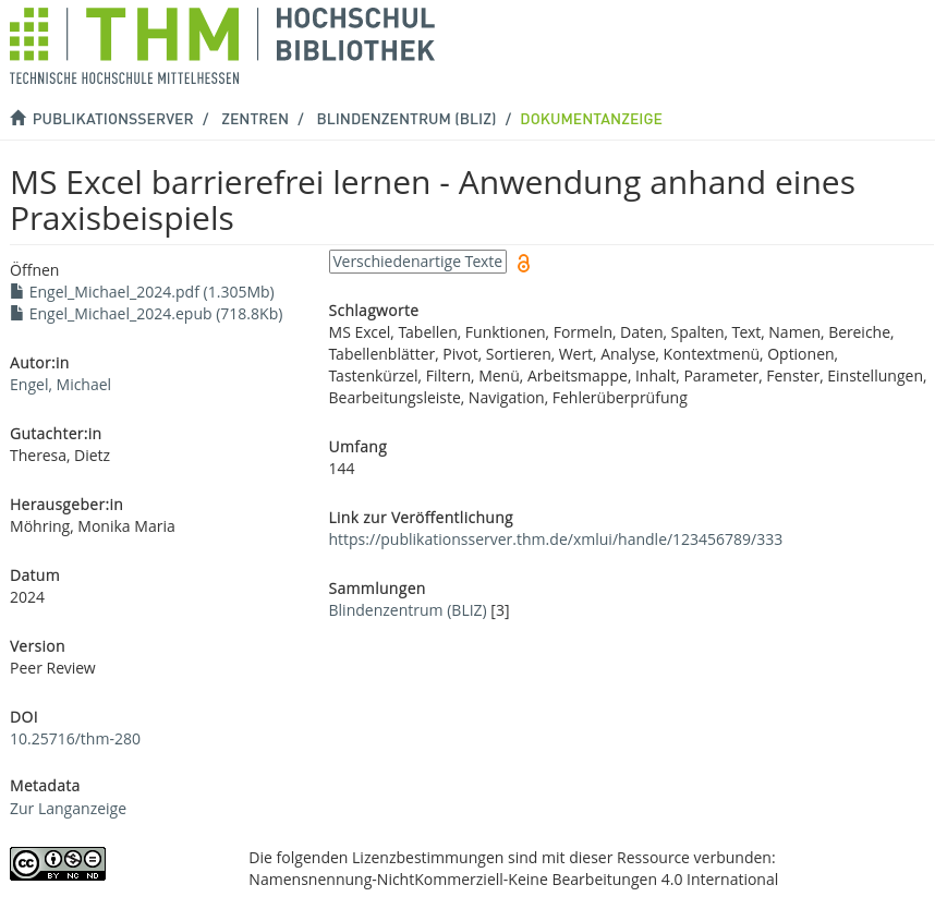 Cover: MS Excel barrierefrei lernen - Anwendung anhand eines Praxisbeispiels
