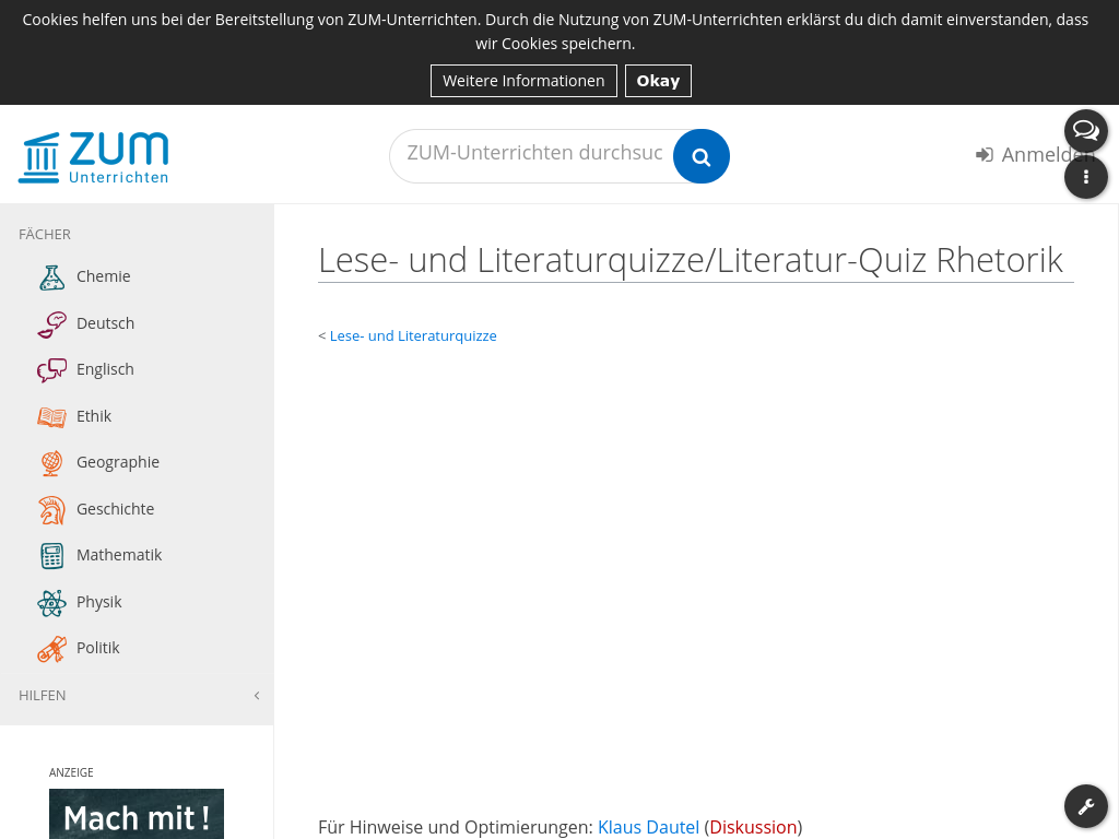 Cover: Lese- und Literaturquizze/Literatur-Quiz Rhetorik – ZUM-Unterrichten