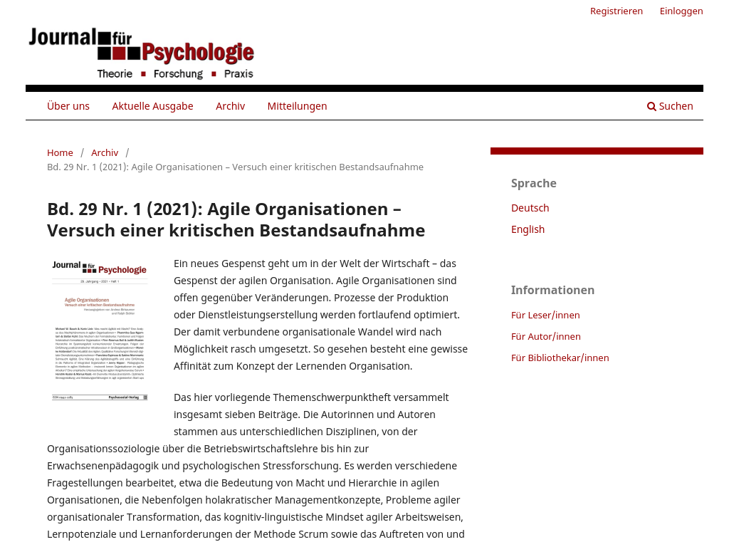 Cover: Bd. 29 Nr. 1 (2021): Agile Organisationen – Versuch einer kritischen Bestandsaufnahme
							| Journal für Psychologie