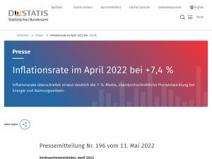 Cover: Inflationsrate im April 2022 bei +7,4 %  -  Statistisches Bundesamt
