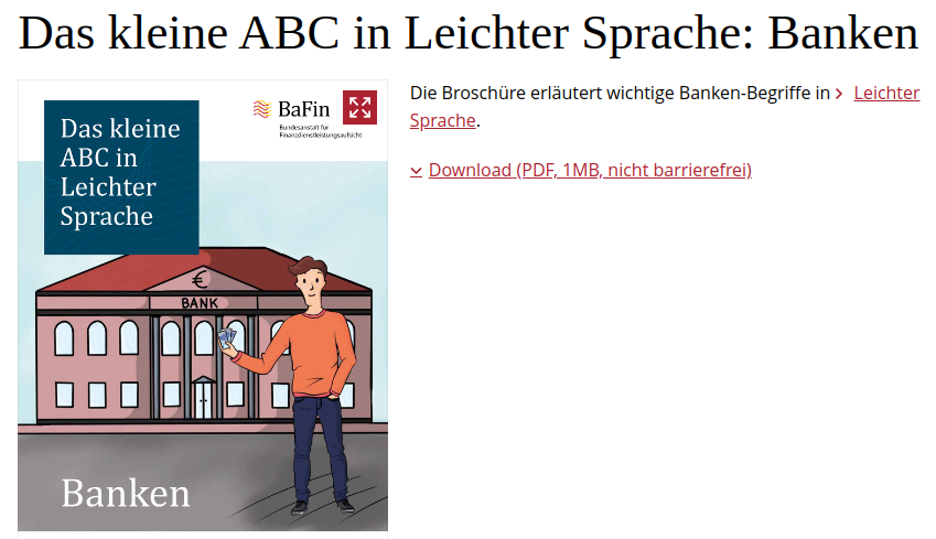Cover: BaFin  -  Publikationen & Daten - Das kleine ABC in Leichter Sprache: Banken