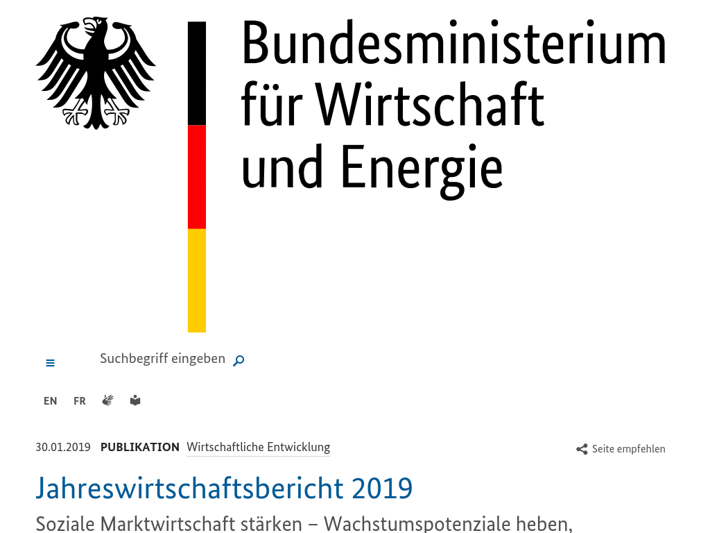 Cover: BMWI - Jahreswirtschaftsbericht 2019