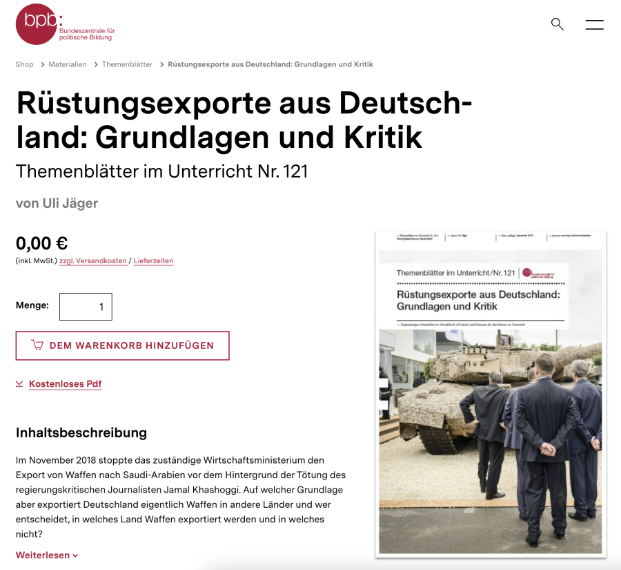 Cover: Rüstungsexporte aus Deutschland: Grundlagen und Kritik - Themenblätter | bpb