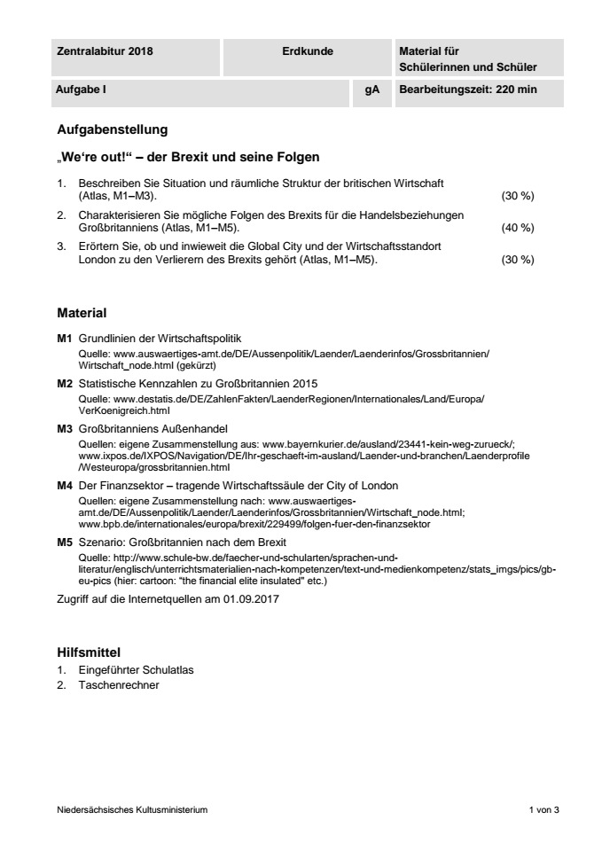 Cover: Abitur 2018 Erdkunde gA I Niedersachsen - Brexit
