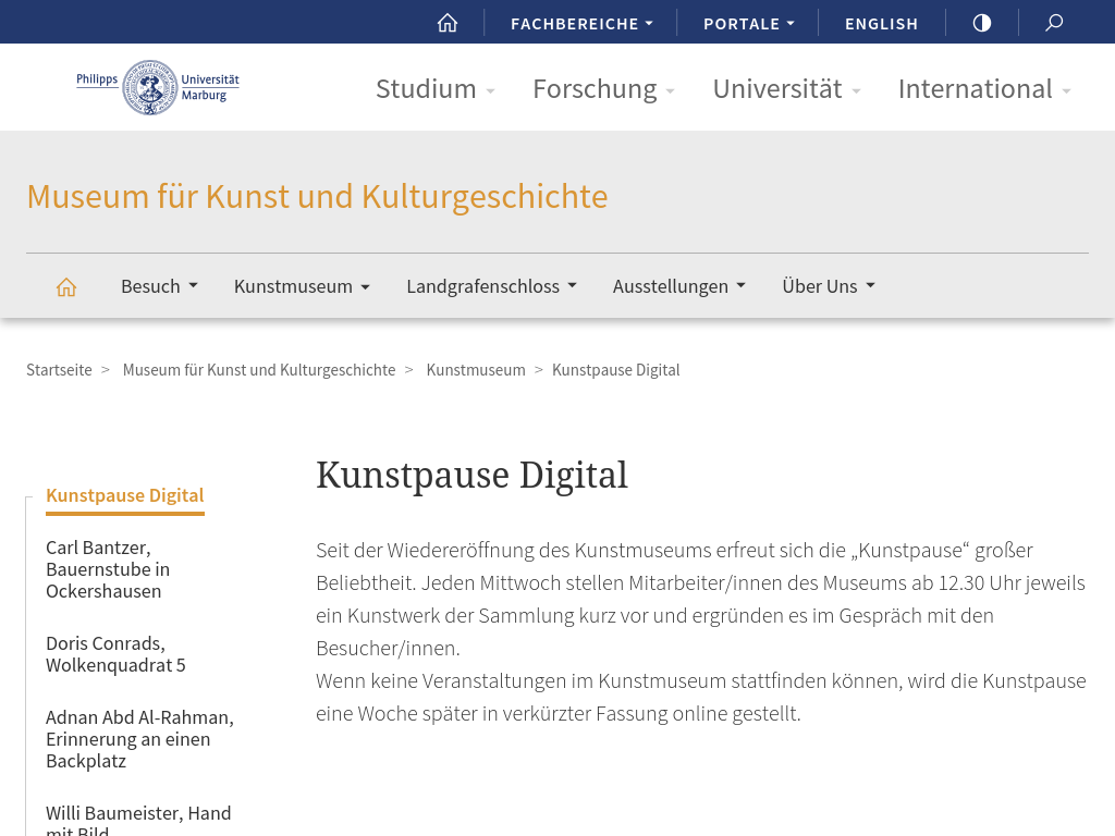 Cover: Kunstpause Digital | Museum für Kunst und Kulturgeschichte | Philipps-Universität Marburg