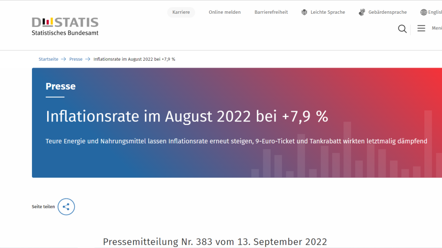 Cover: Inflationsrate im August 2022 bei +7,9 %  -  Statistisches Bundesamt