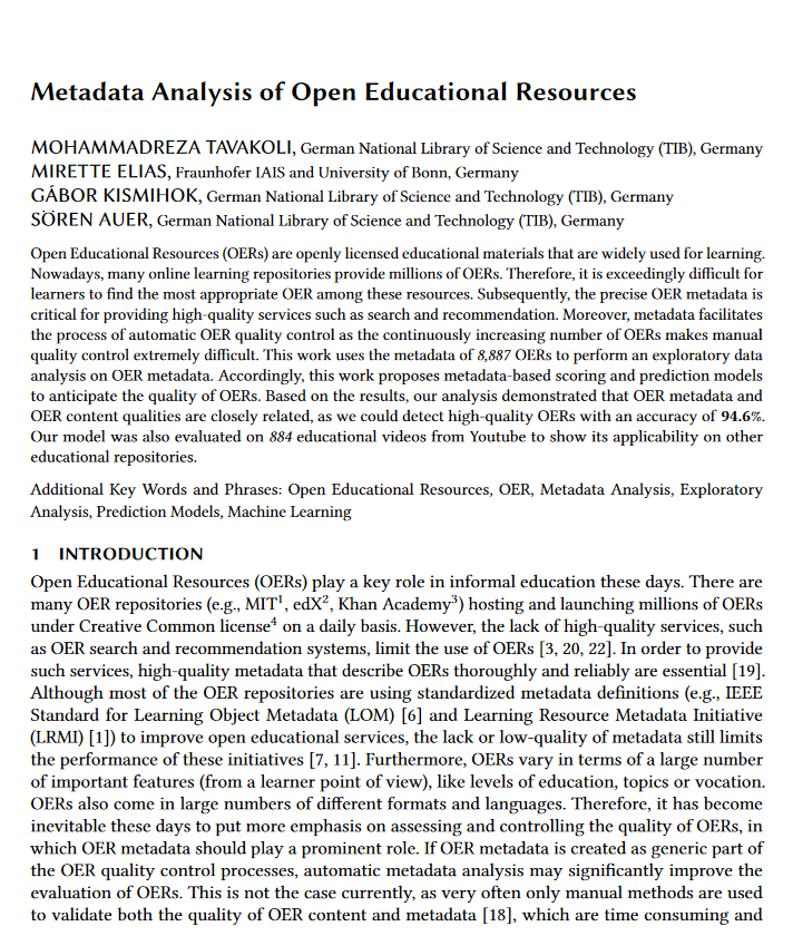 Cover: Metadata Analysis of Open Educational Resources