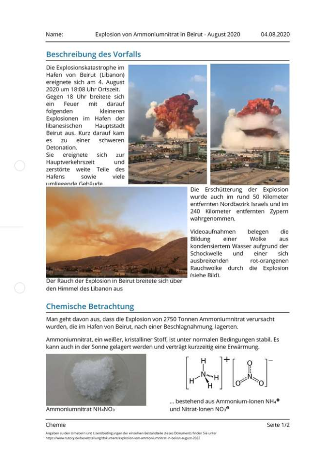Cover: Explosion von Ammoniumnitrat in Beirut - August 2020