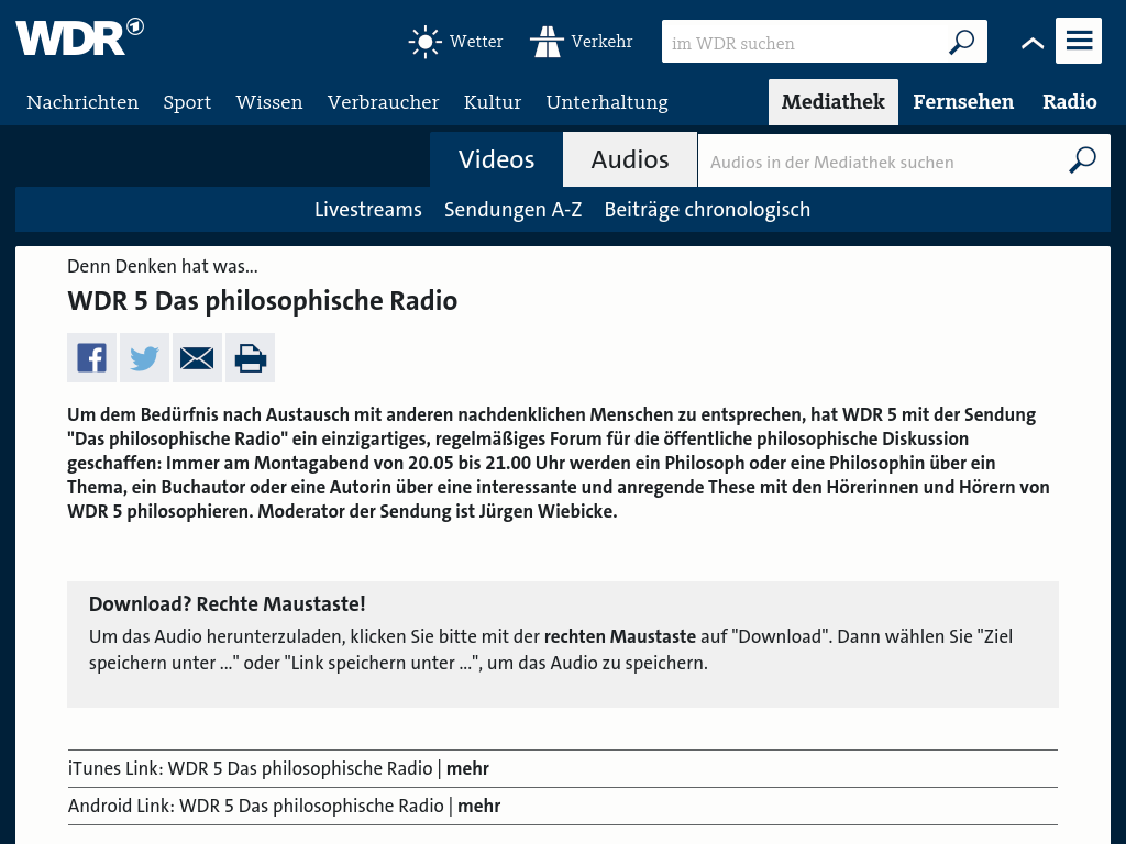 Cover: WDR 5 Das philosophische Radio, Denn Denken hat was... - WDR 5 Das philosophische Radio - WDR 5 - WDR Audiothek - Mediathek - WDR