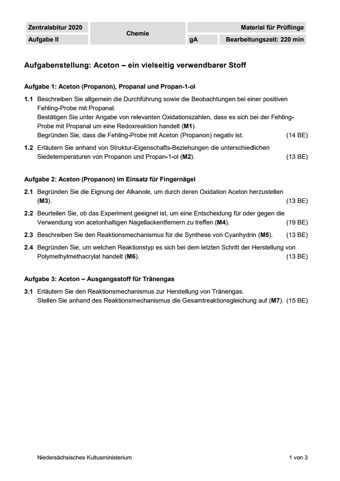 Cover: Schriftliche Abituraufgaben Niedersachsen 2020 Chemie Kurs auf grundlegendem Anforderungsniveau (gA) Aufgabe 2