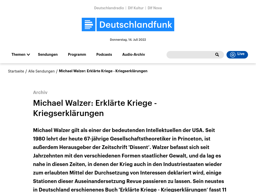 Cover: Michael Walzer: Erklärte Kriege - Kriegserklärungen | deutschlandfunk.de
