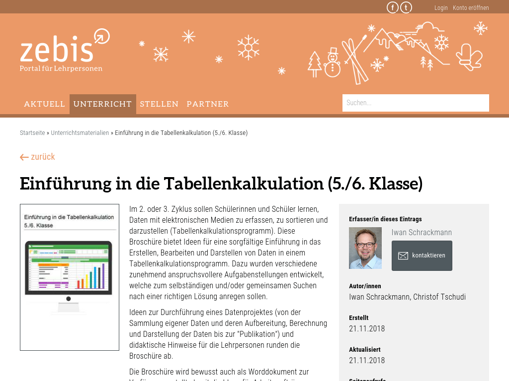 Cover: Einführung in die Tabellenkalkulation (5./6. Klasse) | zebis