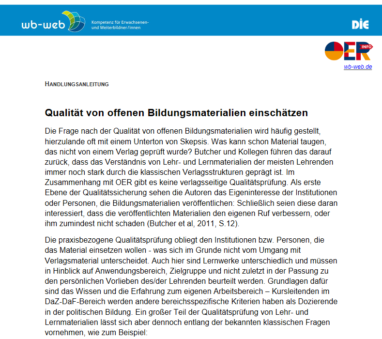 Cover: Handlungsanleitung: Qualität von offenen Bildungsmaterialien einschätzen