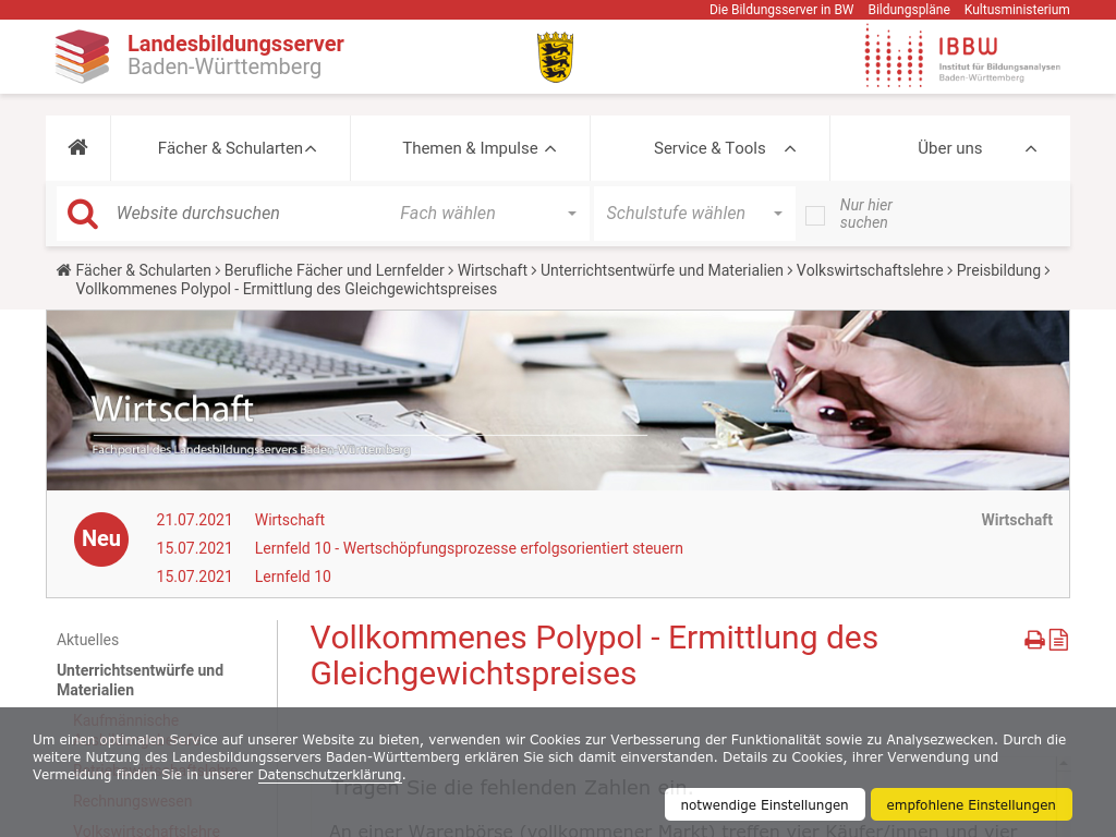 Cover: Vollkommenes Polypol - Ermittlung des Gleichgewichtspreises — Landesbildungsserver Baden-Württemberg