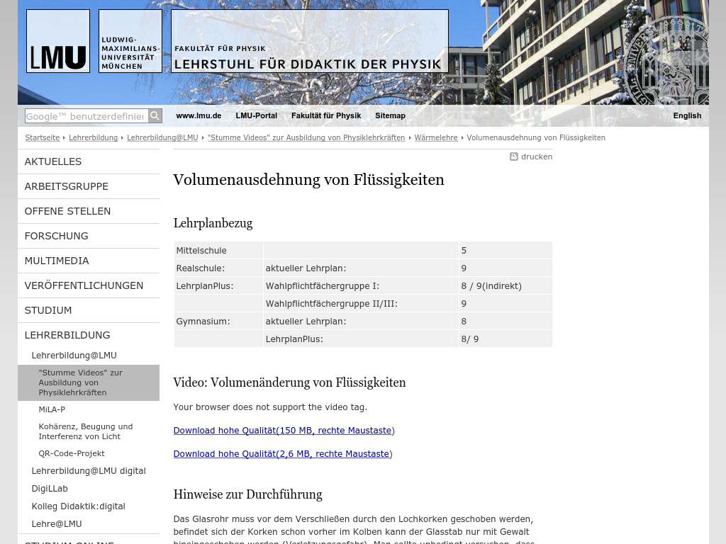Cover: Volumenausdehnung von Flüssigkeiten - Lehrstuhl für Didaktik der Physik - LMU München