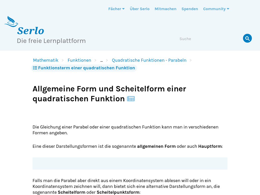 Cover: Allgemeine Form und Scheitelform einer quadratischen Funktion - lernen mit Serlo!