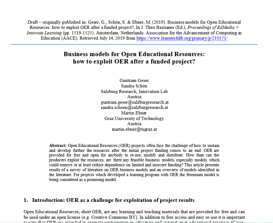 Cover: (PDF) Business models for Open Educational Resources: how to exploit OER after a funded project?