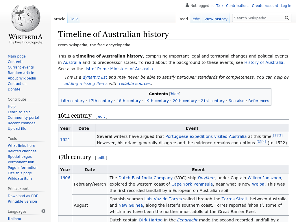 Cover: Timeline of Australian history