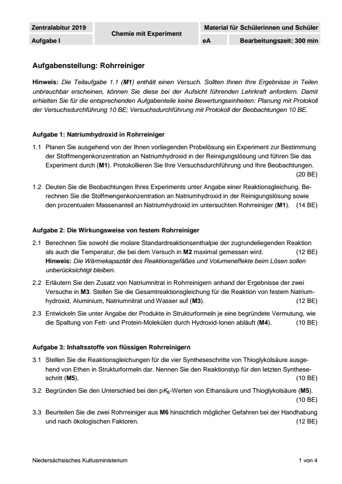 Cover: Abituraufgaben Niedersachsen 2019 Chemie Kurs auf erhöhtem Anforderungsniveau (eA) mit Experimentieren Aufgabe 1