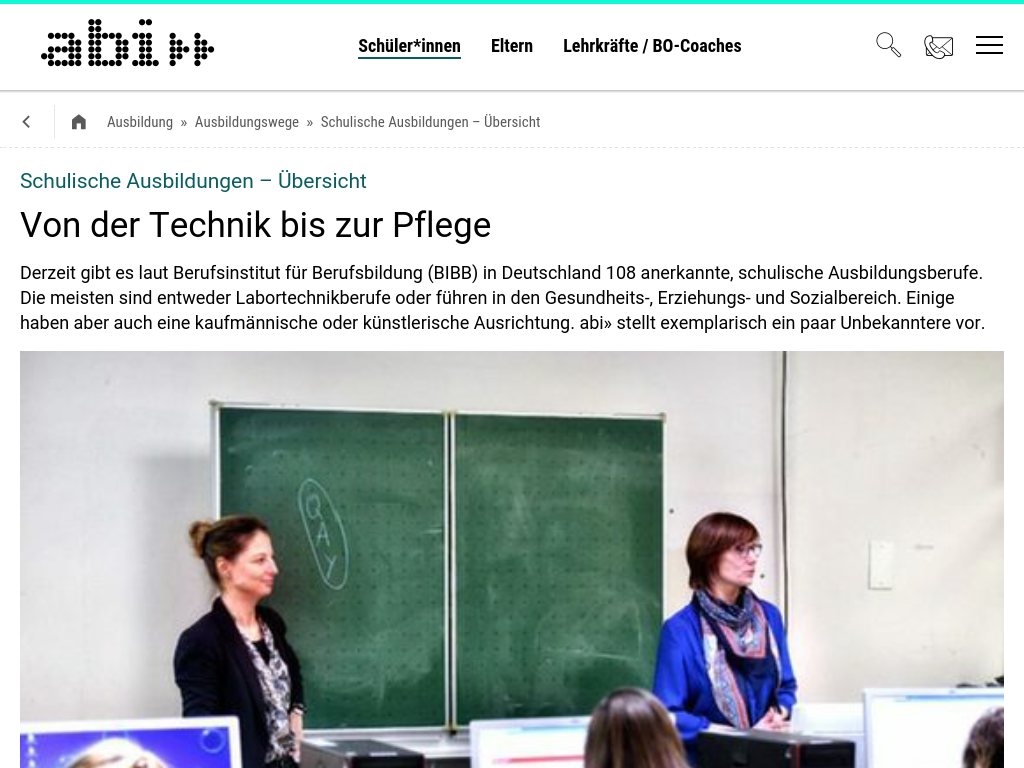 Cover: Schulische Ausbildungen – Übersicht: Von der Technik bis zur Pflege – abi.de