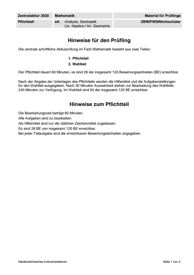 Cover: Abitur 2020 Mathematik eA Pflichtteil ZBW/FWS/Nichtschüler Lernende Niedersachsen