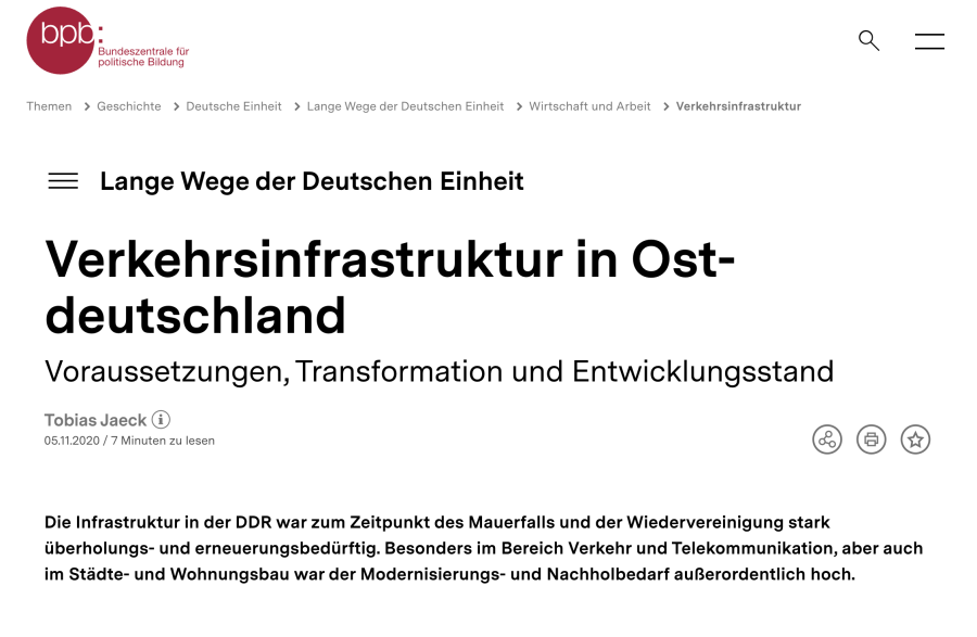 Cover: Verkehrsinfrastruktur in Ostdeutschland