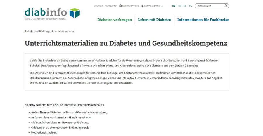 Cover: Unterrichtsmaterialien zu Diabetes und Gesundheitskompetenz - Diabetesinformationsportal