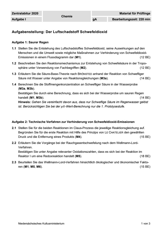 Cover: Schriftliche Abituraufgaben Niedersachsen 2020 Chemie Kurs auf grundlegendem Anforderungsniveau (gA) Aufgabe 1