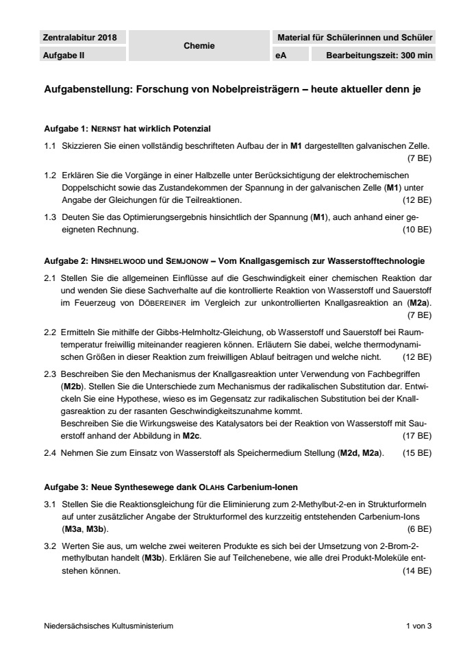 Cover: Abituraufgaben Niedersachsen 2018 Chemie Kurs auf erhöhtem Anforderungsniveau (eA) Aufgabe 2