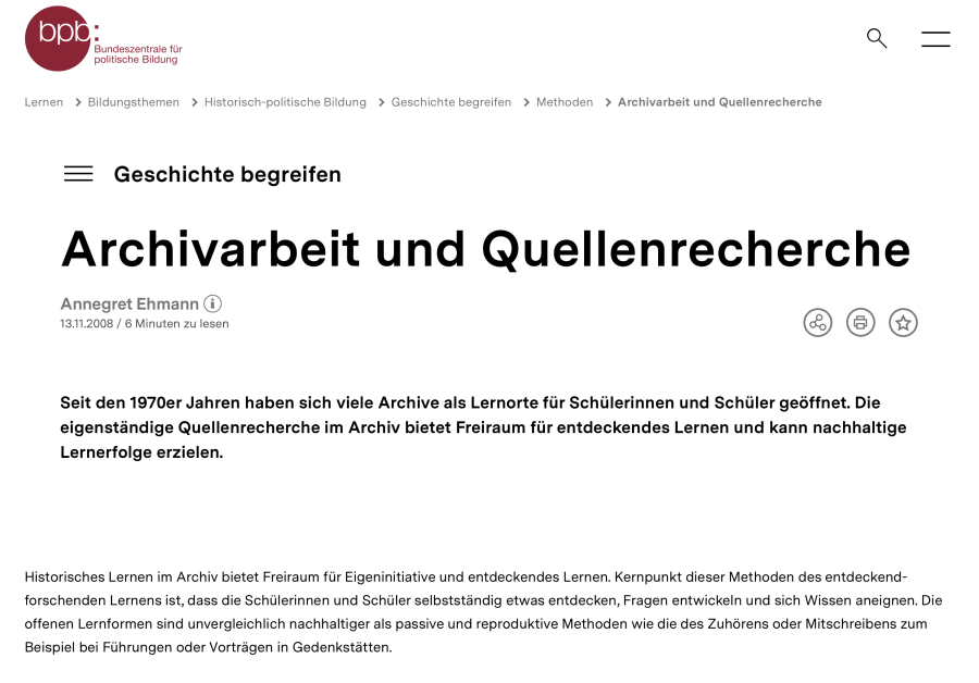 Cover: Dossier: Geschichte begreifen - Archivarbeit und Quellenrecherche | bpb