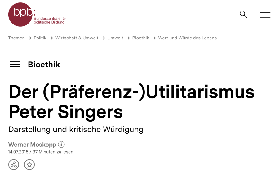 Cover: Der (Präferenz-)Utilitarismus Peter Singers