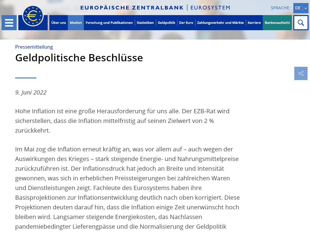 Cover: Geldpolitische Beschlüsse der EZB (Pressemitteilung) - 09.06.2022