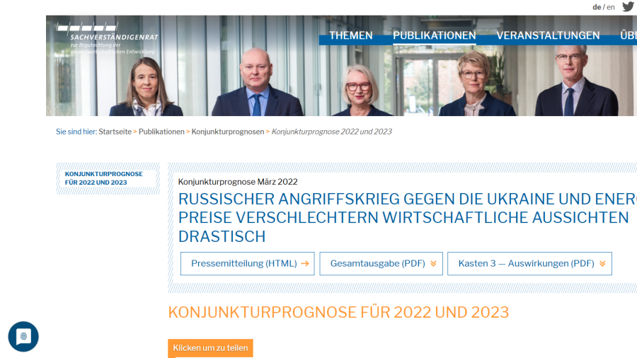 Cover: Sachverständigenrat für Wirtschaft: Konjunkturprognose 2022 und 2023