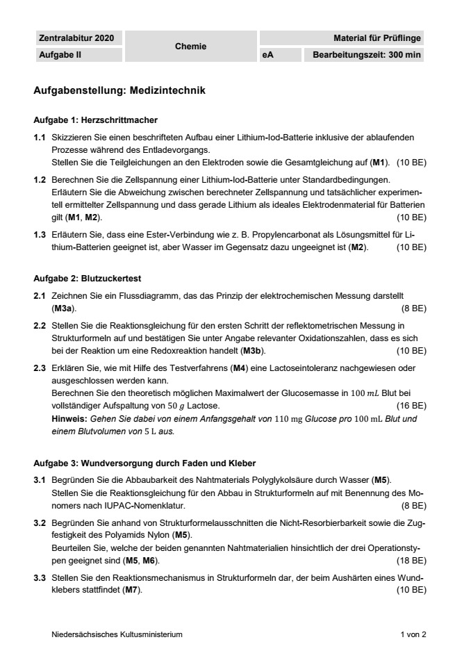 Cover: Schriftliche Abituraufgaben Niedersachsen 2020 Chemie Kurs auf erhöhtem Anforderungsniveau (eA) ohne Experimentieren Aufgabe 2