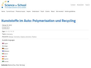 Cover: Kunststoffe im Auto: Polymerisation und Recycling – Science in School