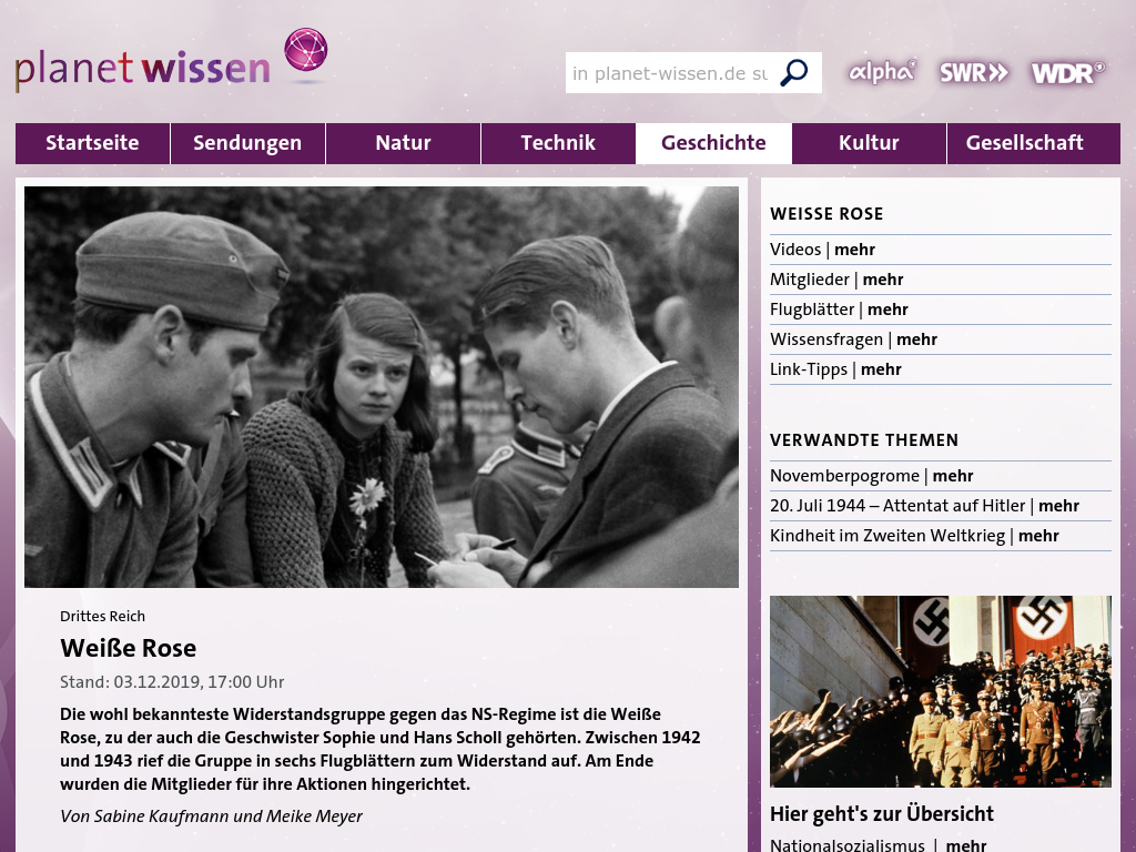 Cover: Die Weiße Rose - Widerstand im Nationalsozialismus - Planet Wissen
