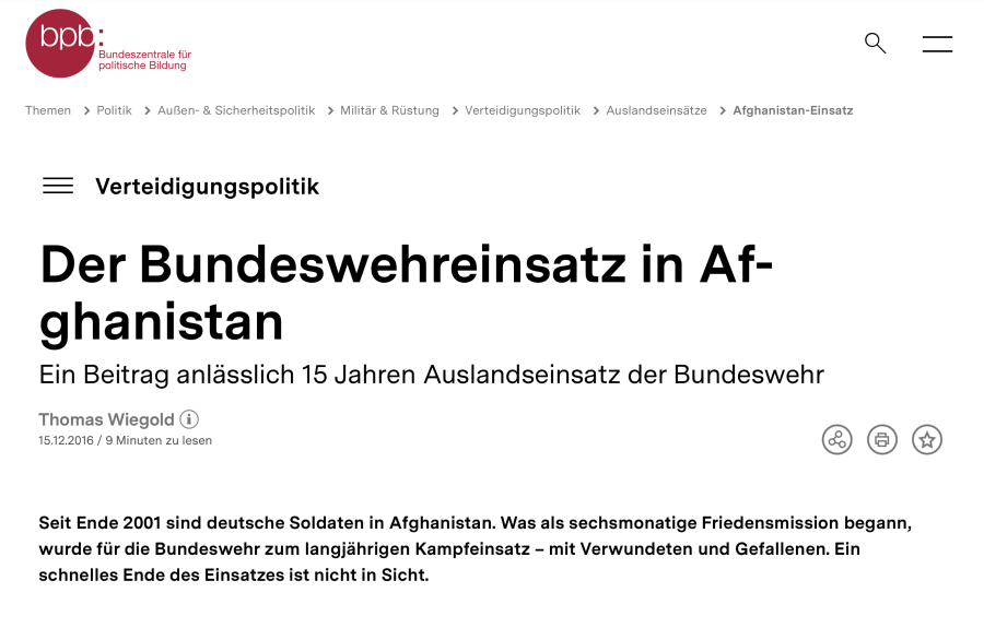 Cover: Der Bundeswehreinsatz in Afghanistan - Ein Beitrag anlässlich 15 Jahren Auslandseinsatz der Bundeswehr | Bundeszentrale für politische Bildung
