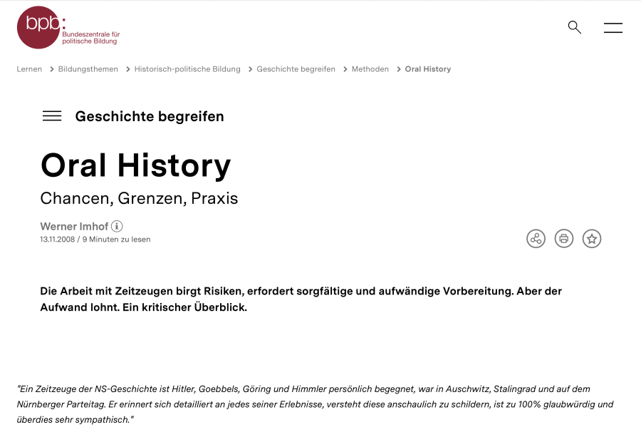 Cover: Dossier: Geschichte begreifen - Oral History | bpb