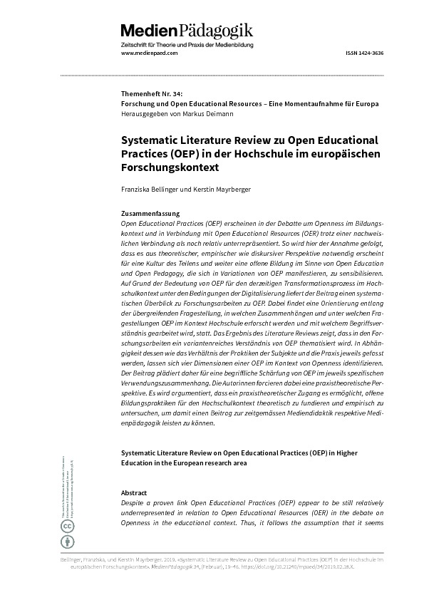 Cover: Systematic Literature Review zu Open Educational Practices (OEP) in der Hochschule im europäischen Forschungskontext