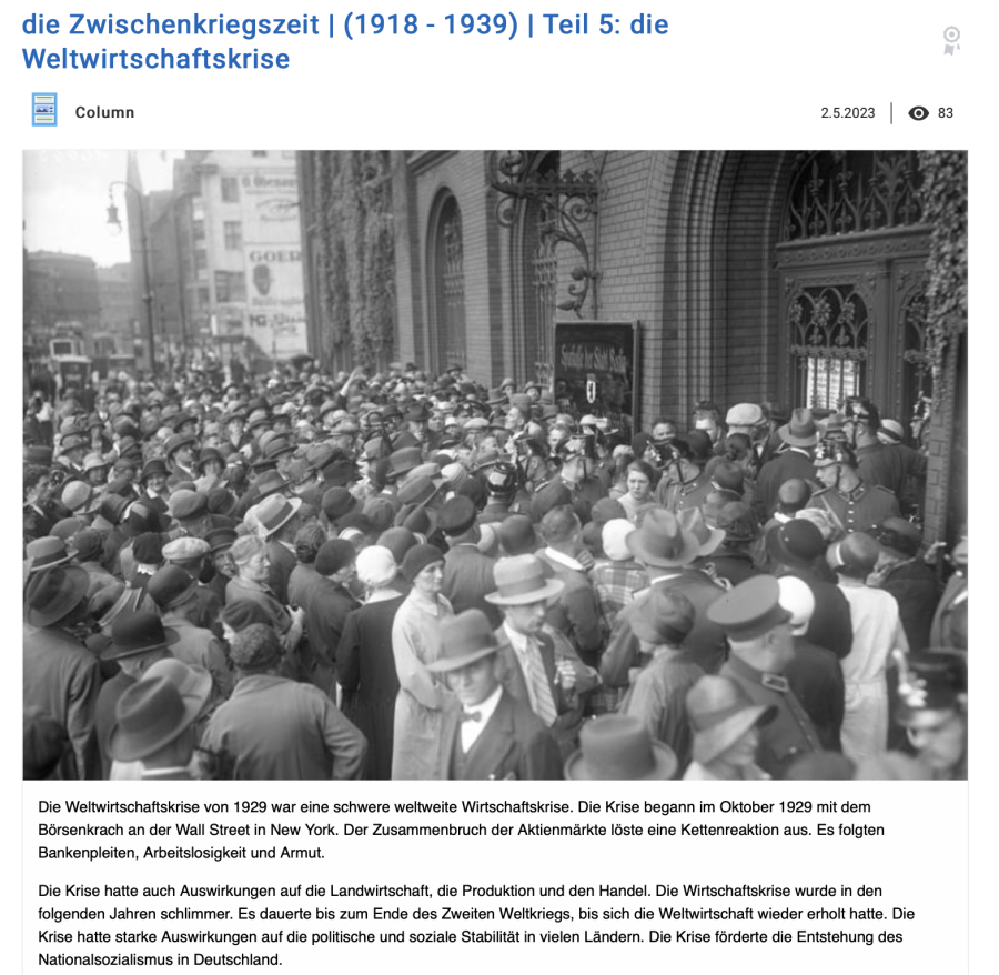 Cover: Die Zwischenkriegszeit (1918 - 1939) | Teil 5: Die Weltwirtschaftskrise | ZUM-Apps