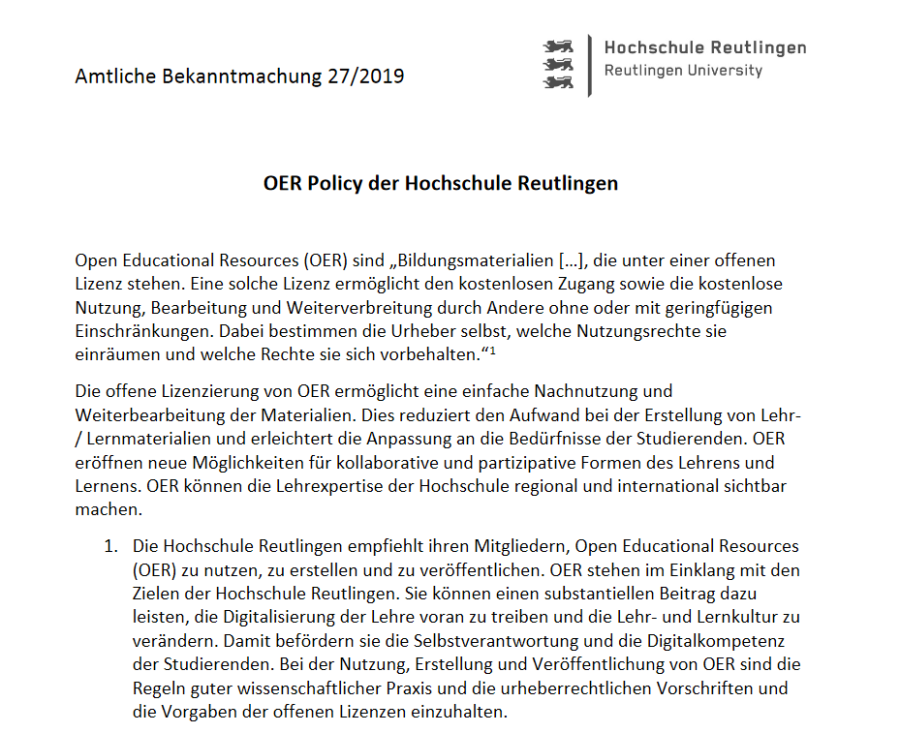 Cover: OER Policy der Hochschule Reutlingen