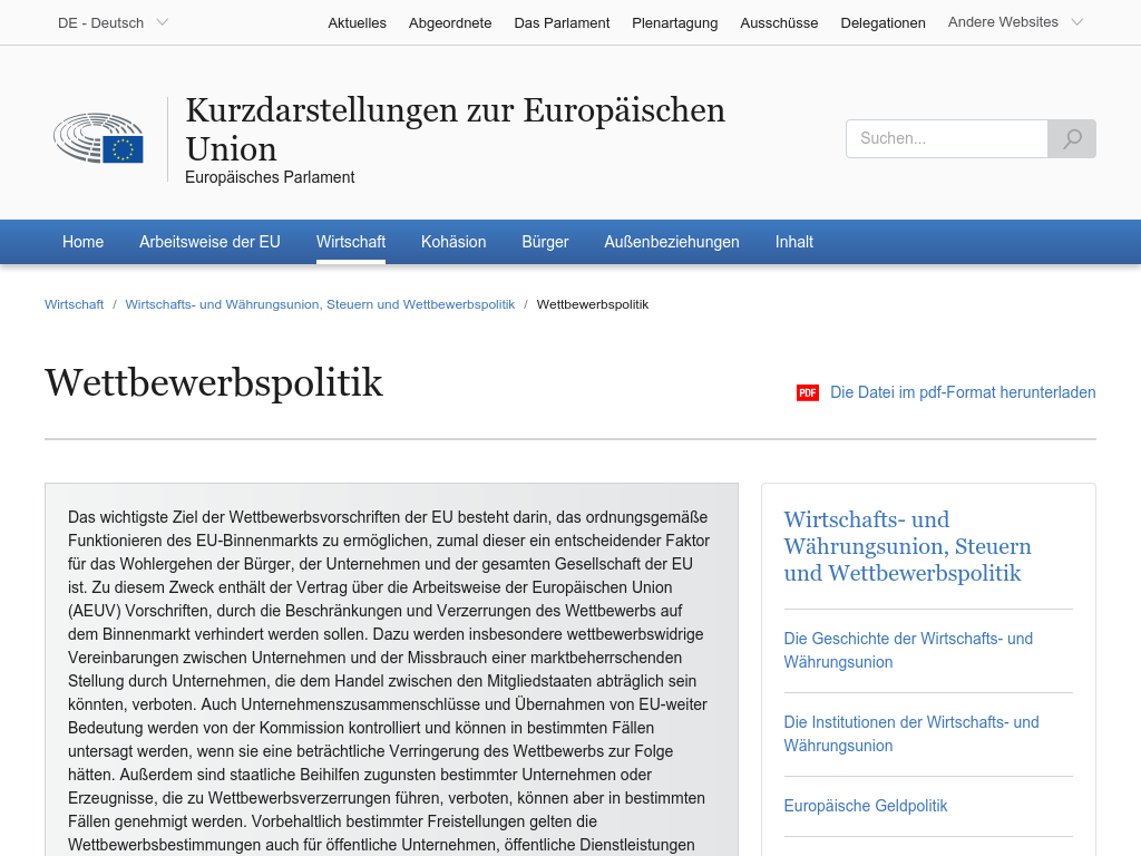 Cover: Wettbewerbspolitik | Kurzdarstellungen zur Europäischen Union | Europäisches Parlament
