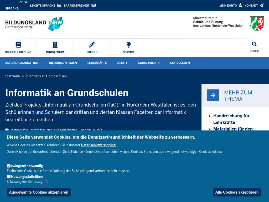 Cover: Informatik an Grundschulen | Bildungsportal NRW