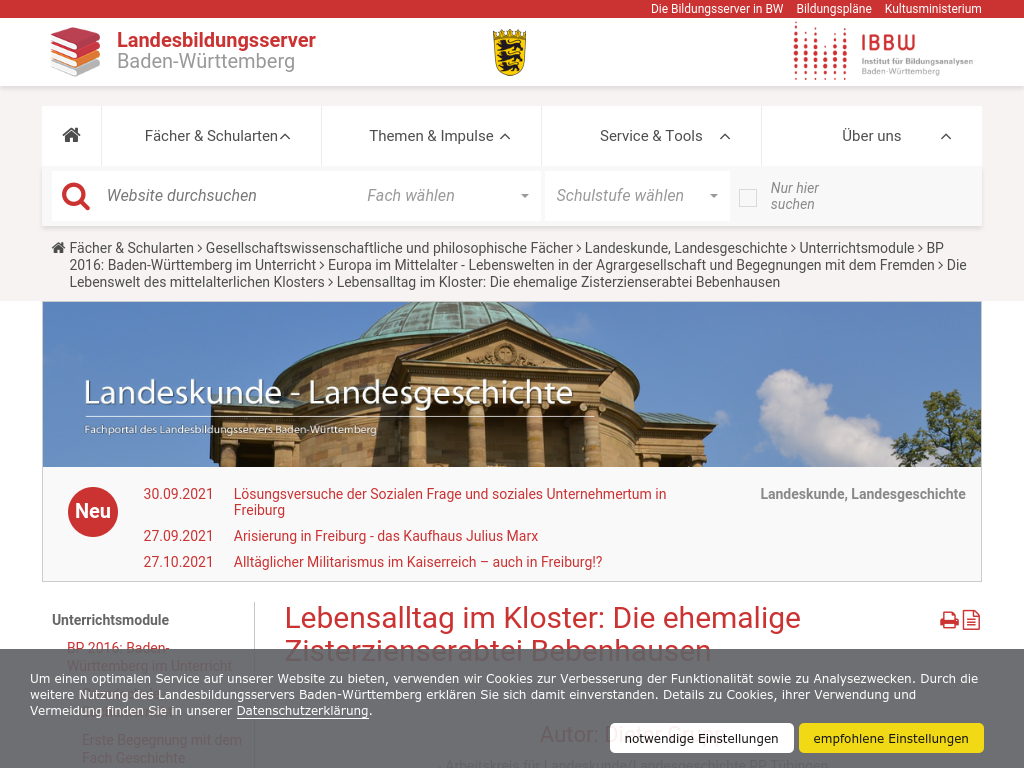 Cover: Lebensalltag im Kloster: Die ehemalige Zisterzienserabtei Bebenhausen — Landesbildungsserver Baden-Württemberg