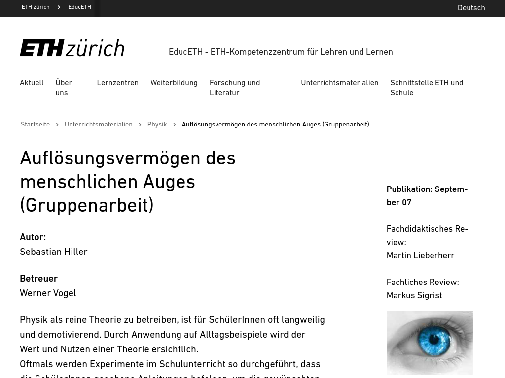 Cover: Auflösungsvermögen des menschlichen Auges (Gruppenarbeit) – EducETH - ETH-Kompetenzzentrum für Lehren und Lernen | ETH Zürich