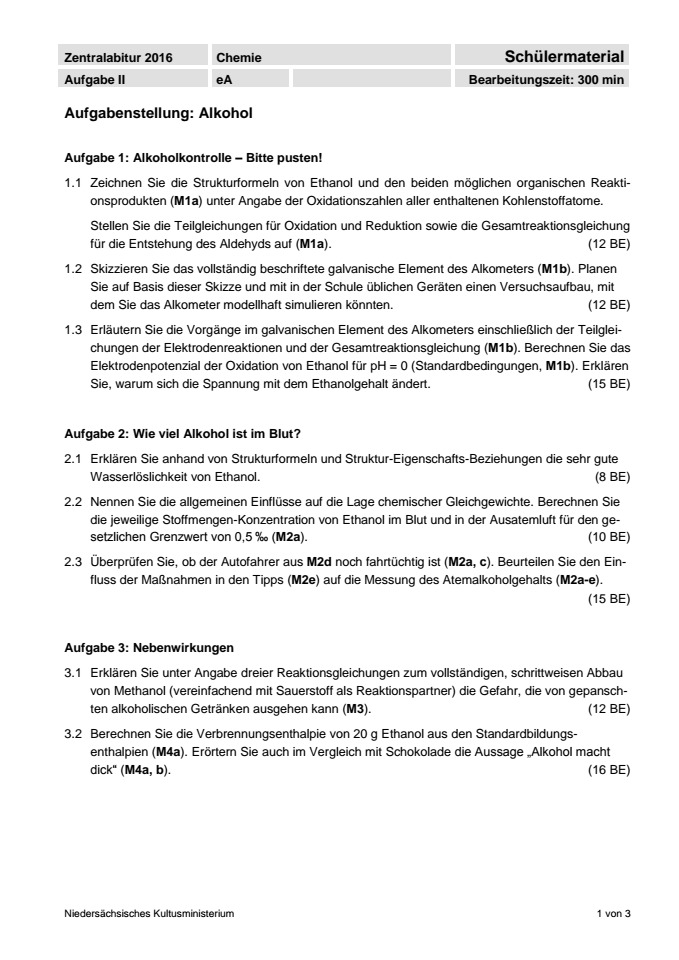 Cover: Schriftliche Abituraufgaben Niedersachsen 2016 Chemie Kurs auf erhöhtem Anforderungsniveau (eA) Aufgabe 2
